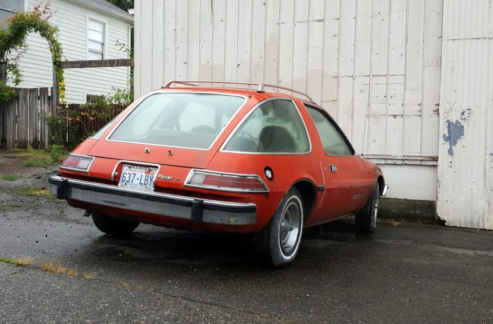 Orange AMC Pacer hatchback, rear view. License plate reads 637-LBY