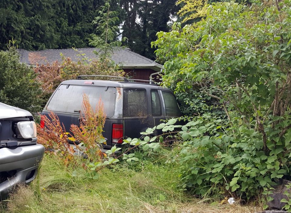 dark SUV parked in overgrown yard, next to a silver truck