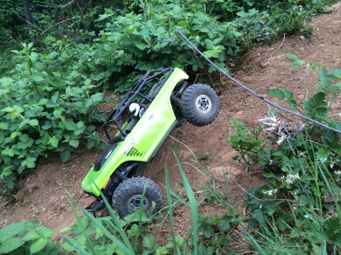 1989 Ford Bronco - RC rock crawler toy is shown on a dirt path surrounded by green foliage.