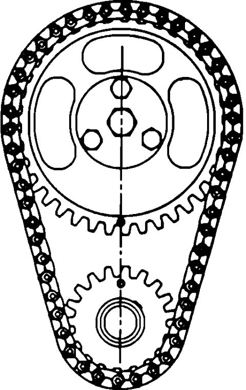1995 Ford Bronco - Illustration of the timing chain, camshaft and crankshaft sprockets with timing marks aligned for assembly.