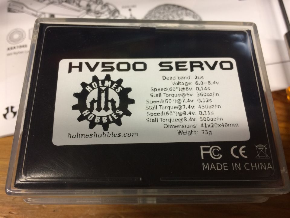 Holmes Hobbies HV500 servo spec label listing voltage, torque, speed and dimensions