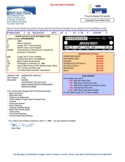 1968 Mercury Cougar - This document provides details about a 1968 Mercury Cougar's production and features.