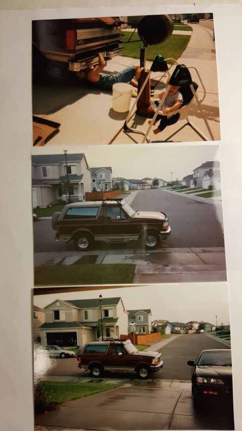 1996 Ford Bronco - A 1996 Ford Bronco is parked on a residential street. Another image shows a person working on a truck with a baby nearby.