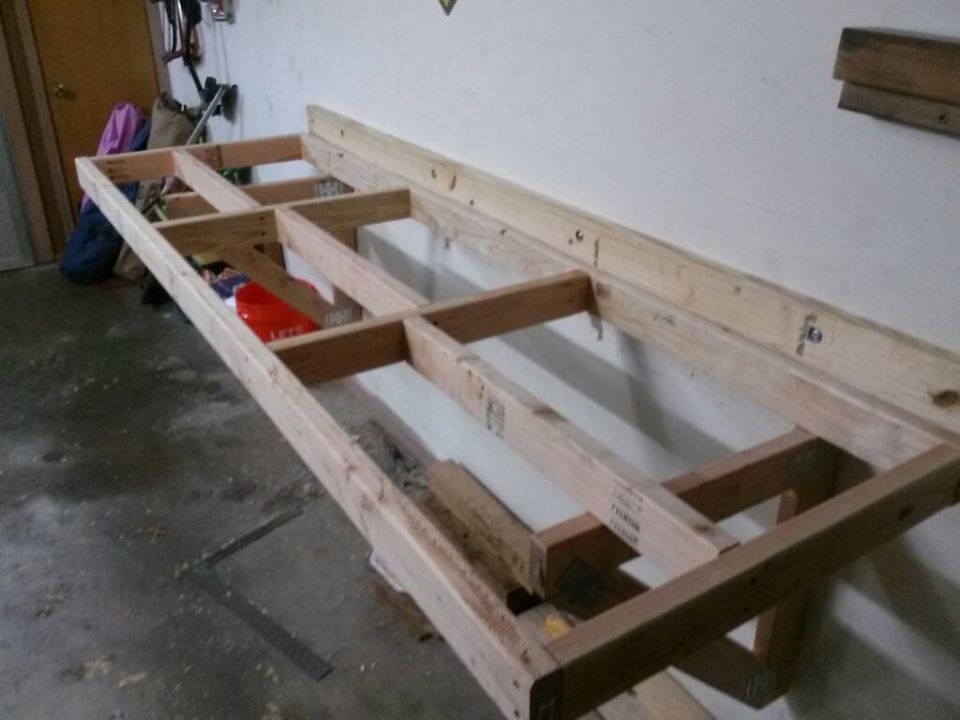 workbench frame made of wood, in a garage