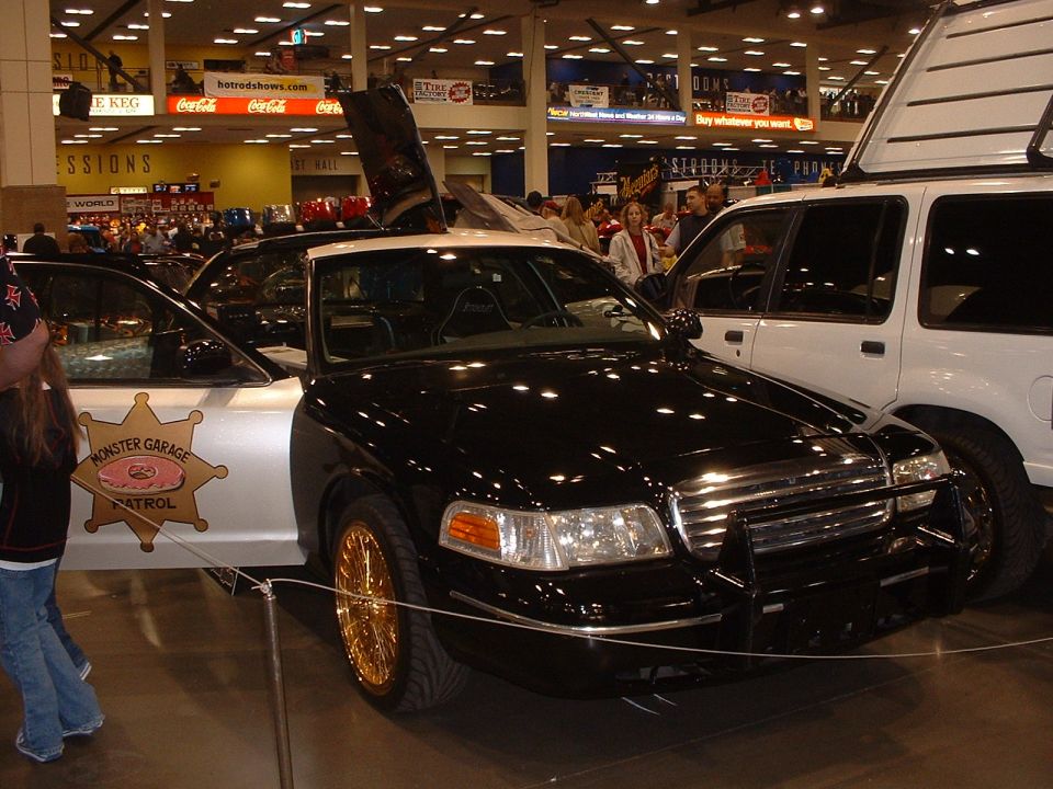 "Monster Garage" donut making Ford Crown Victoria police car.
