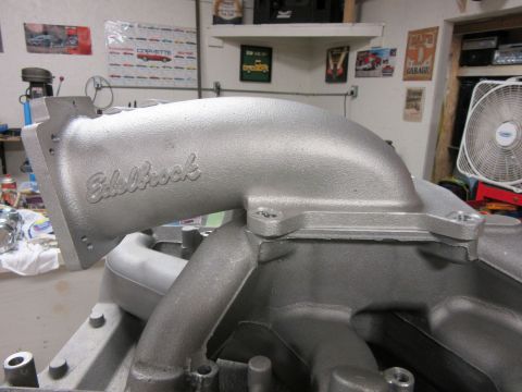Edelbrock intake manifold with visible branding