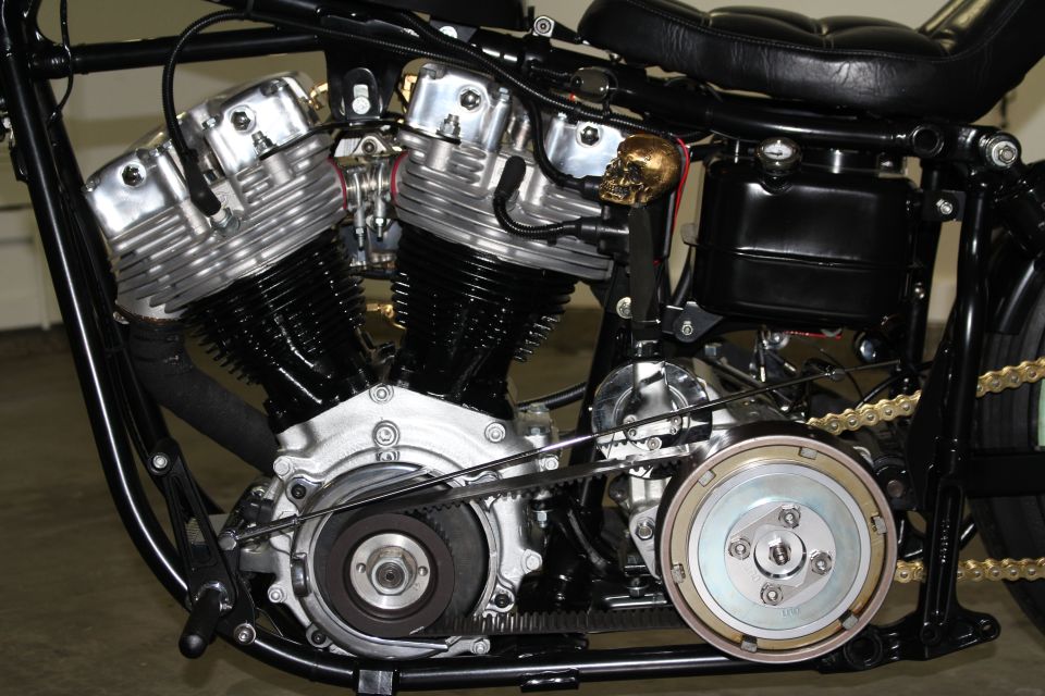 Motorcycle engine with chrome details and a skull ornament