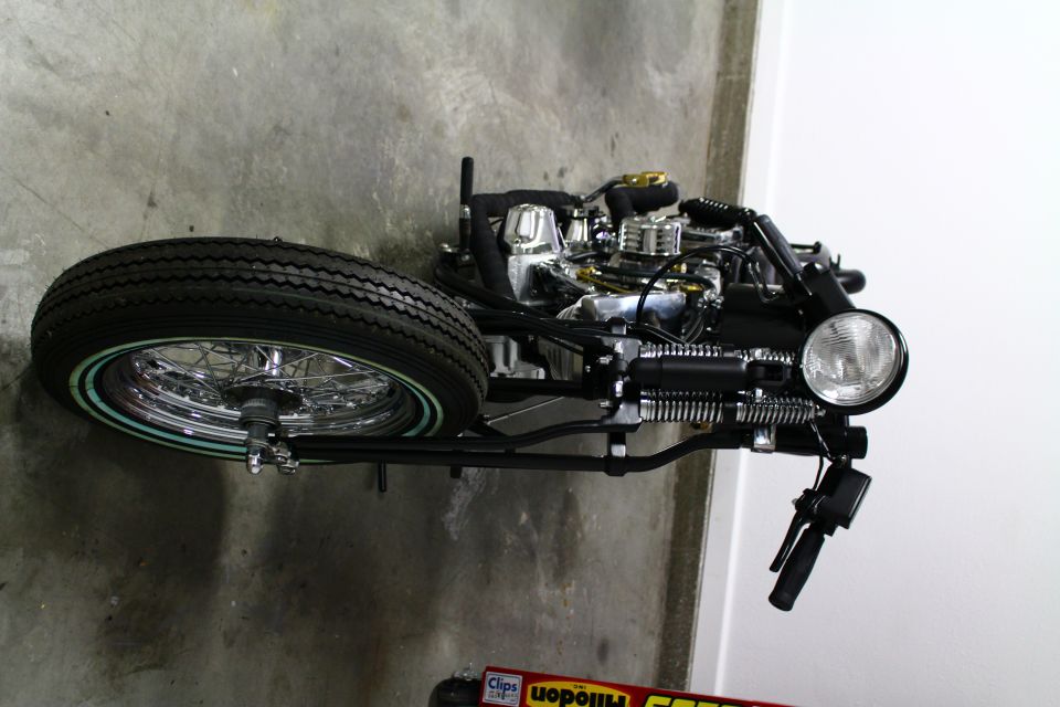 Motorcycle engine and front wheel with chrome accents