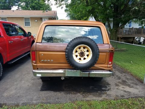 1979 Ford Bronco - Rear view of a brown 1978 Ford Bronco with a spare tire on the tailgate, parked next to a red truck.