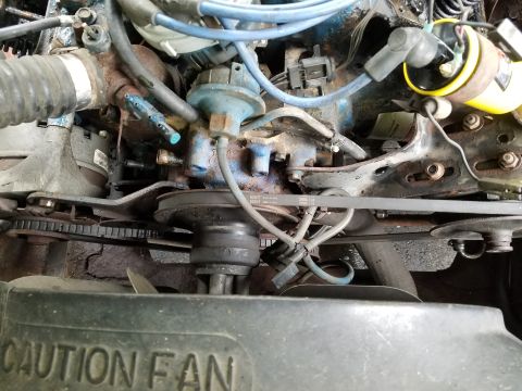 1979 Ford Bronco - Close-up of an engine bay, showing belts and fan shroud with warning text.