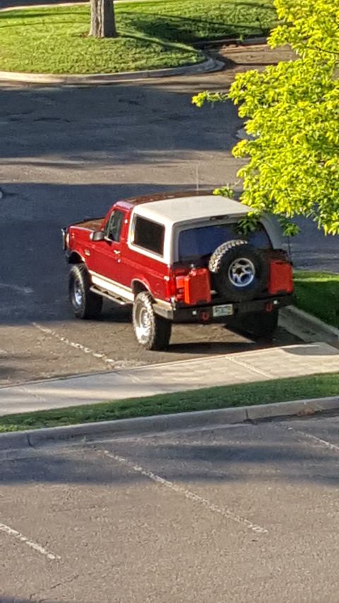 1996 Ford Bronco - A red 1996 Ford Bronco is viewed from the rear, equipped with a spare tire and auxiliary fuel cans.