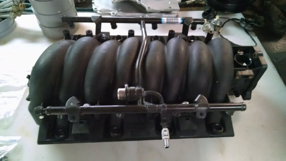 Black intake manifold with fuel rails and injectors