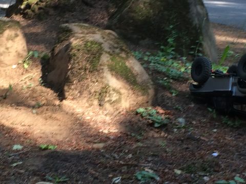 1989 Ford Bronco - RC rock crawler vehicle has tipped over on a dirt and leaf-covered ground.