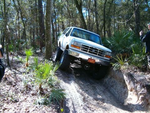 1991 Ford Bronco - White Ford Bronco navigating a challenging off-road trail in a forest.