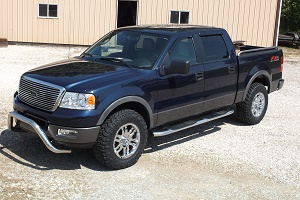 2005 Ford F-150 - A dark blue Ford F-150 pickup truck is viewed from a three-quarter front angle, parked outdoors.