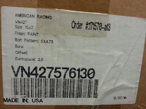 1964 Ford Fairlane - Box label details American Racing VN427 wheel specifications and order information.