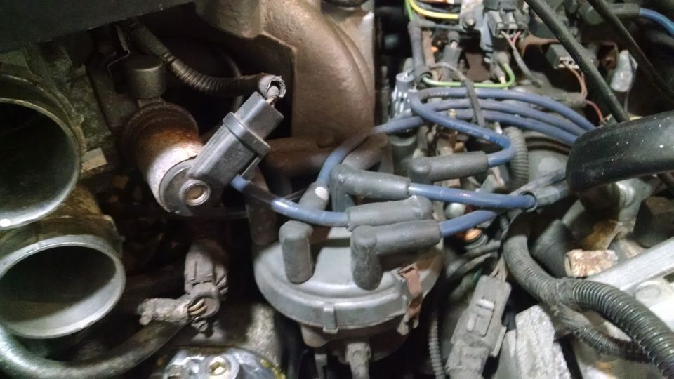 1995 Ford Bronco engine bay with distributor cap, spark plug wires, and sensor.