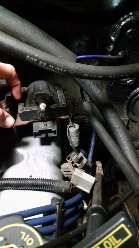 1995 Ford Bronco - A close-up view of engine components in a 1995 Ford Bronco, including a black ignition coil pack mounted on a bracket, various hoses, and w…