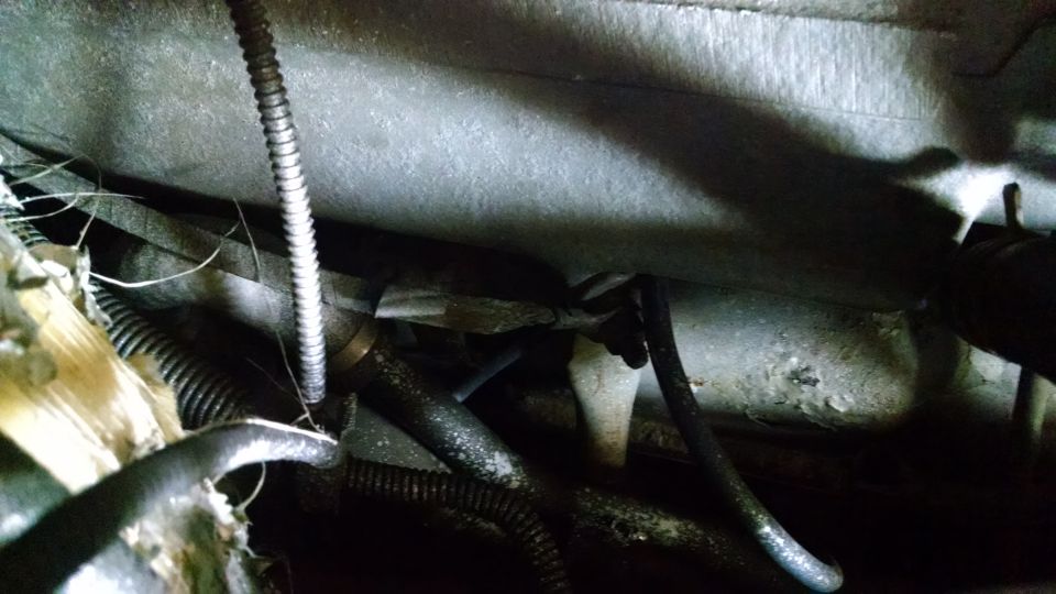 Underside of a vehicle showing various hoses and wiring conduits.