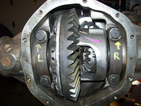 1991 Ford Bronco - A close-up view of the differential gears inside an open rear axle housing. The gears show markings and are held in place by bearing caps s…
