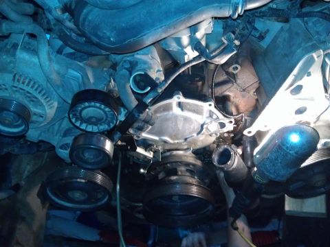 1996 Ford Bronco - Close-up view of the engine bay, focusing on the water pump and associated components.