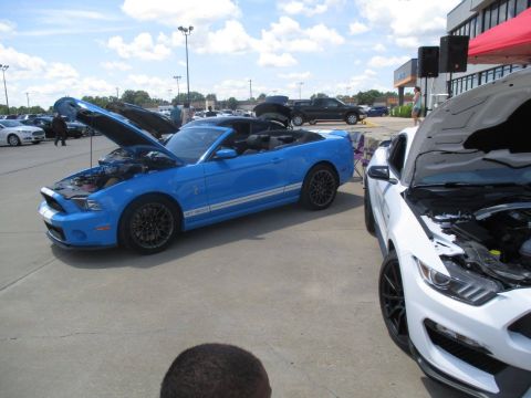2004 Ford Crown Victoria - Two Ford Mustangs, a blue and a white convertible, are displayed with their hoods open at an outdoor event.