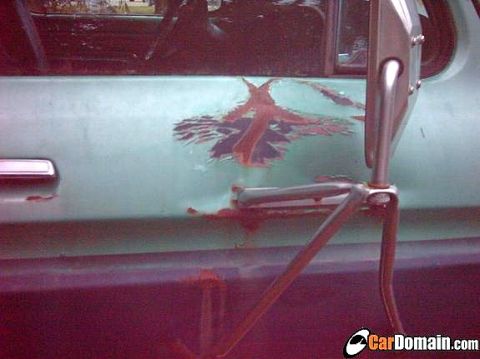 1978 Ford Bronco - Side view of a car door with significant rust and a partial decal; exterior mirror is attached.