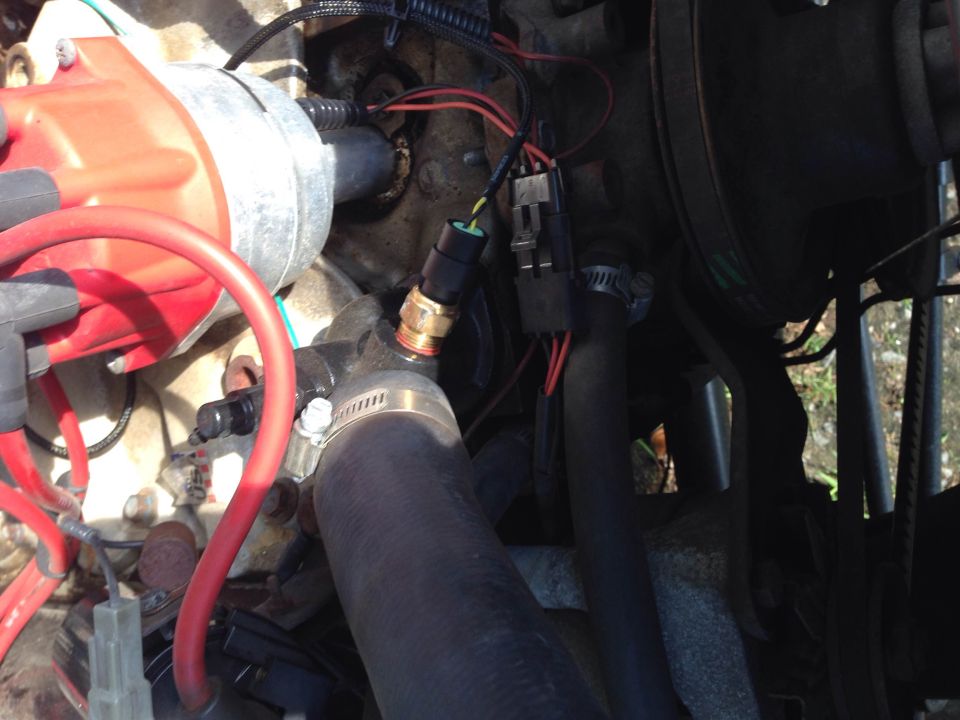 Engine bay close-up: distributor cap, spark plug wire, coolant temp sensor on hose.