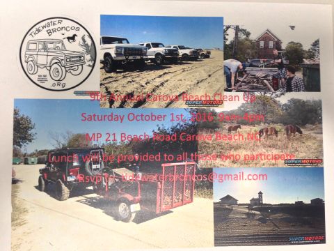 1979 Ford Bronco - A red 1979 Ford Bronco is parked with a trailer attached, ready for a beach clean-up event. The event is scheduled for Saturday, October 1s…