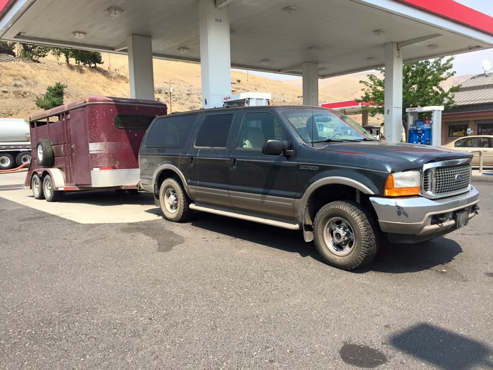 Dark Ford Excursion SUV towing a maroon horse trailer at a gas station.