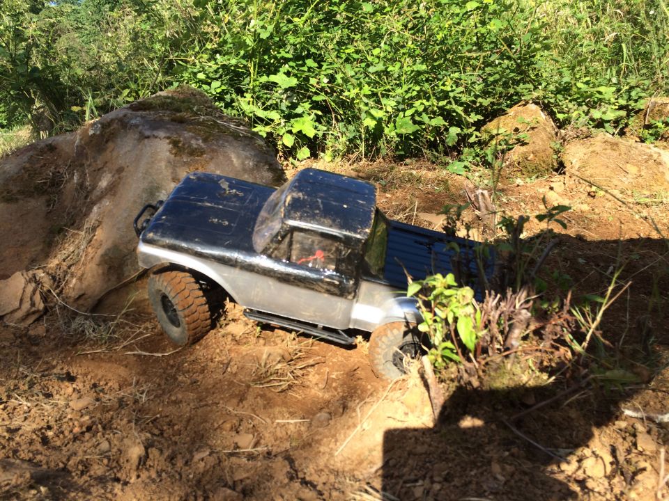 RC pickup truck driving on a dirt path with rocks and plants.