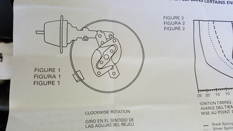 Distributor vacuum advance and breaker plate diagram, Figure 1, with clockwise rotation label in English and Spanish