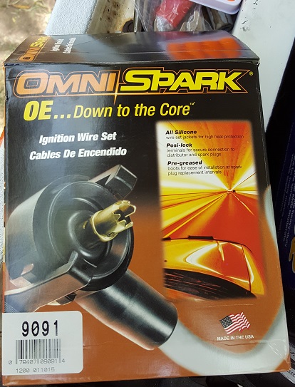 1978 Ford Bronco - A box for an OMNISPARK OE Ignition Wire Set is shown, featuring a graphic of a spark plug and text indicating it is made in the USA.