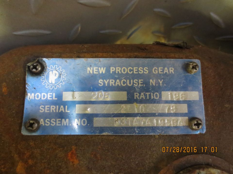 New Process Gear Syracuse, N.Y. transfer case data plate showing model 205, ratio, serial and assembly number