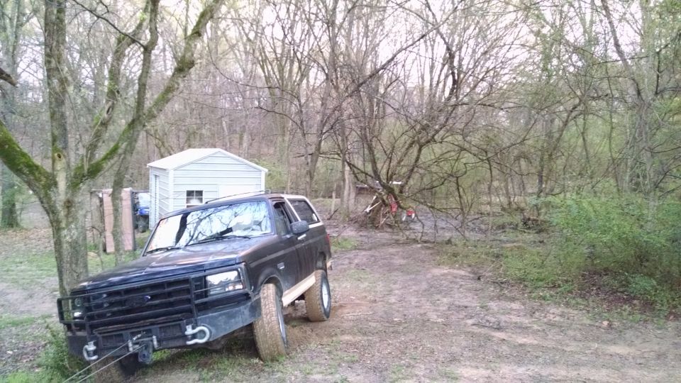Greg has been whining about this tree near his shed for a few years, so he was trying to pull it down with his Dodge's 12K (yeah, right) winch AND his ~35hp 4WD tractor for the past few days. Today (right before a rainstorm), he asked me to come help.  The strap was already tangled in the tree, so I just hooked onto it with a chain from my draw bar.  My 12K winch is going to the base of a tree in front, so I can also use the tires to pull.