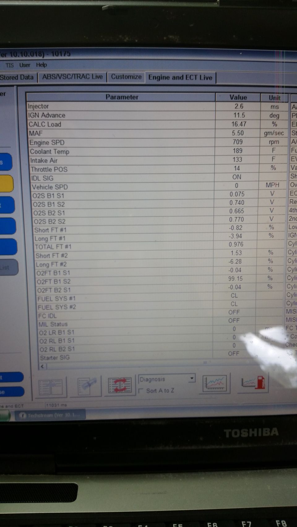 Laptop screen showing vehicle diagnostic data for a 1999 Lexus LX 470
