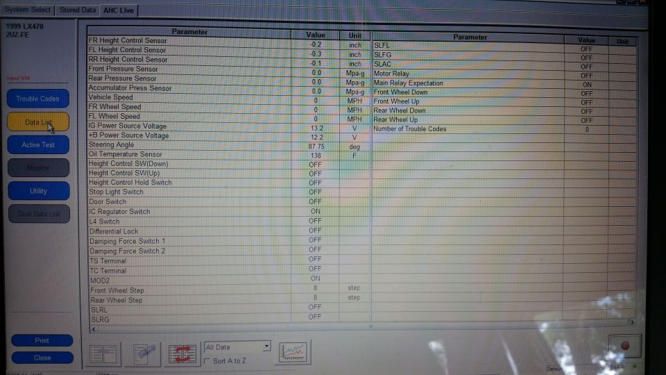 Screenshot of a 1999 Lexus LX470 diagnostic screen showing data list parameters.