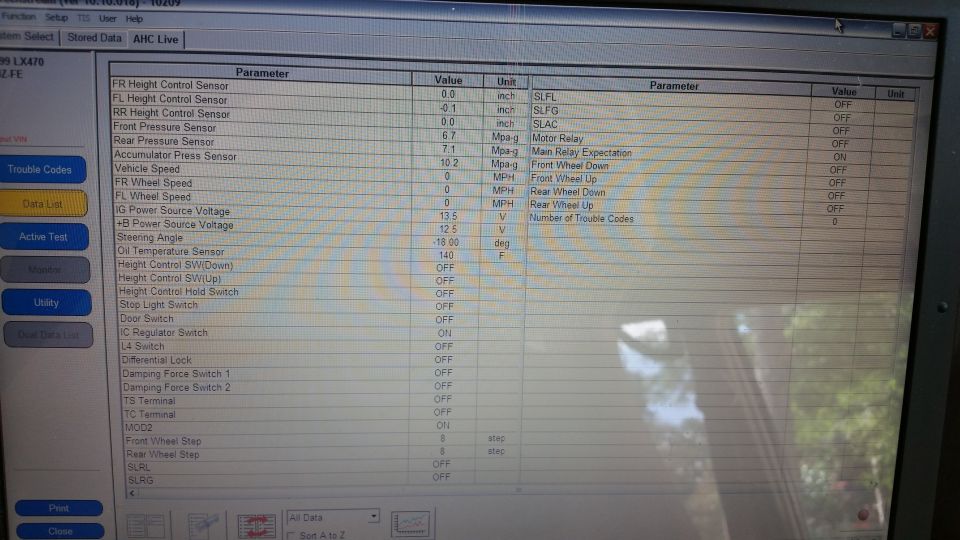Computer screen showing vehicle diagnostic data list.
