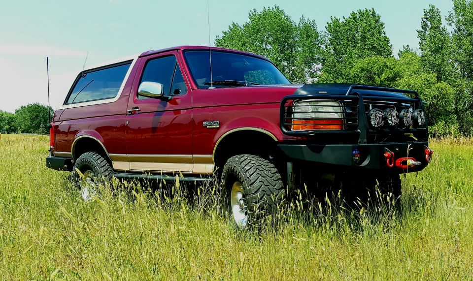 Burgundy Ford Bronco Eddie Bauer with black winch bumper and light bar in tall grass