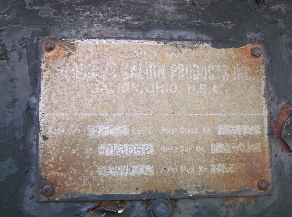 Weathered Galion Products Inc., Galion, Ohio, U.S.A. data plate with serial 713062