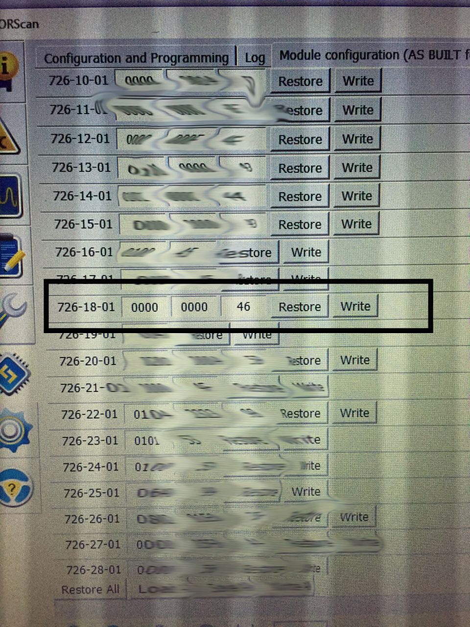 FORScan screen showing as-built module configuration with line 726-18-01 highlighted (values 0000 0000 46)