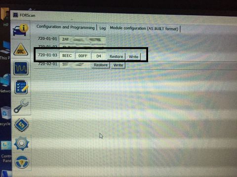 2013 Ford Taurus - The FORScan software displays module configuration data, including a highlighted entry for 720-01-03 with options to restore or write.