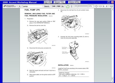 2008 Hyundai Accent - This page from the 2008 Hyundai Accent workshop manual shows diagrams and instructions for fuel pump removal and installation.
