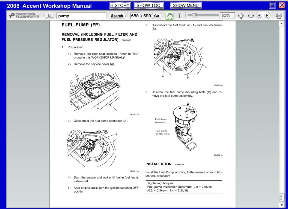 2008 Hyundai Accent workshop manual page detailing fuel pump removal and installation with diagrams