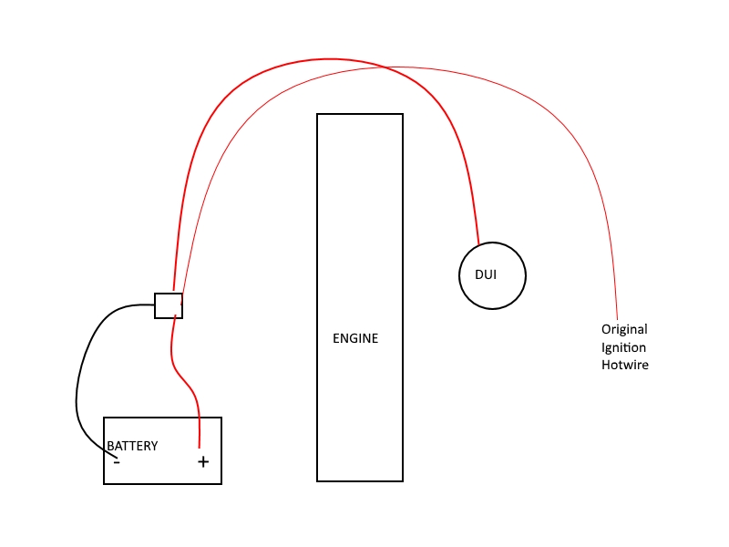 Schematic diagram of vehicle ignition wiring with battery, engine, and DUI component.