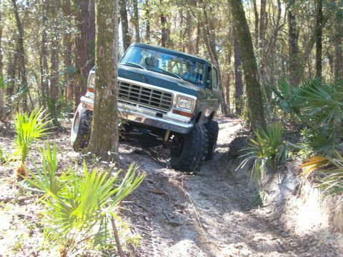 1991 Ford Bronco - This Ford Bronco is navigating a challenging off-road trail surrounded by dense foliage.