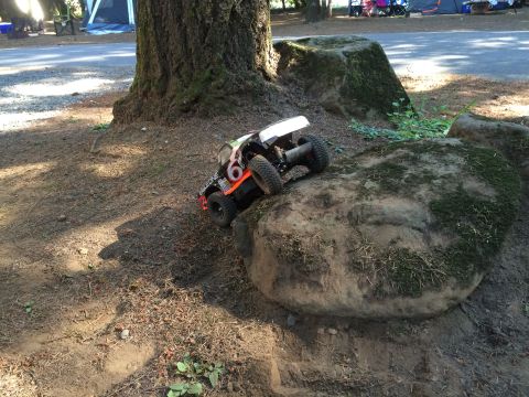 1989 Ford Bronco - A remote-controlled rock crawler truck with the number 6 on its side is navigating a rocky terrain next to a large tree. The truck is orang…