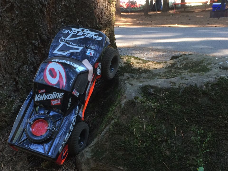 Remote-controlled toy truck with racing decals on a mossy rock.