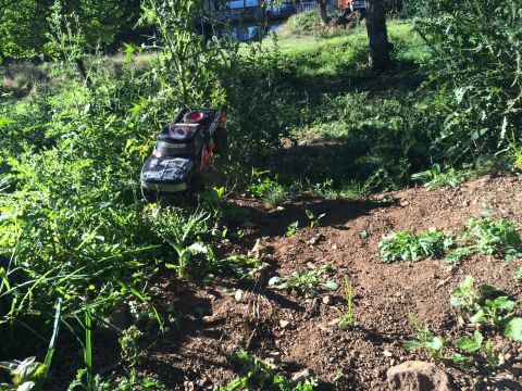 1989 Ford Bronco - A remote-controlled truck with BFGoodrich tires is navigating a dirt path surrounded by lush green foliage.