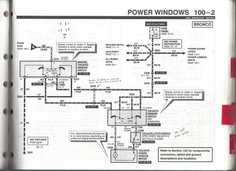 1996 Ford Bronco - Scanned page 100-2 'POWER WINDOWS' from the 1994 Bronco/F-Series electrical manual, diagramming the Bronco tailgate window circuit from the…